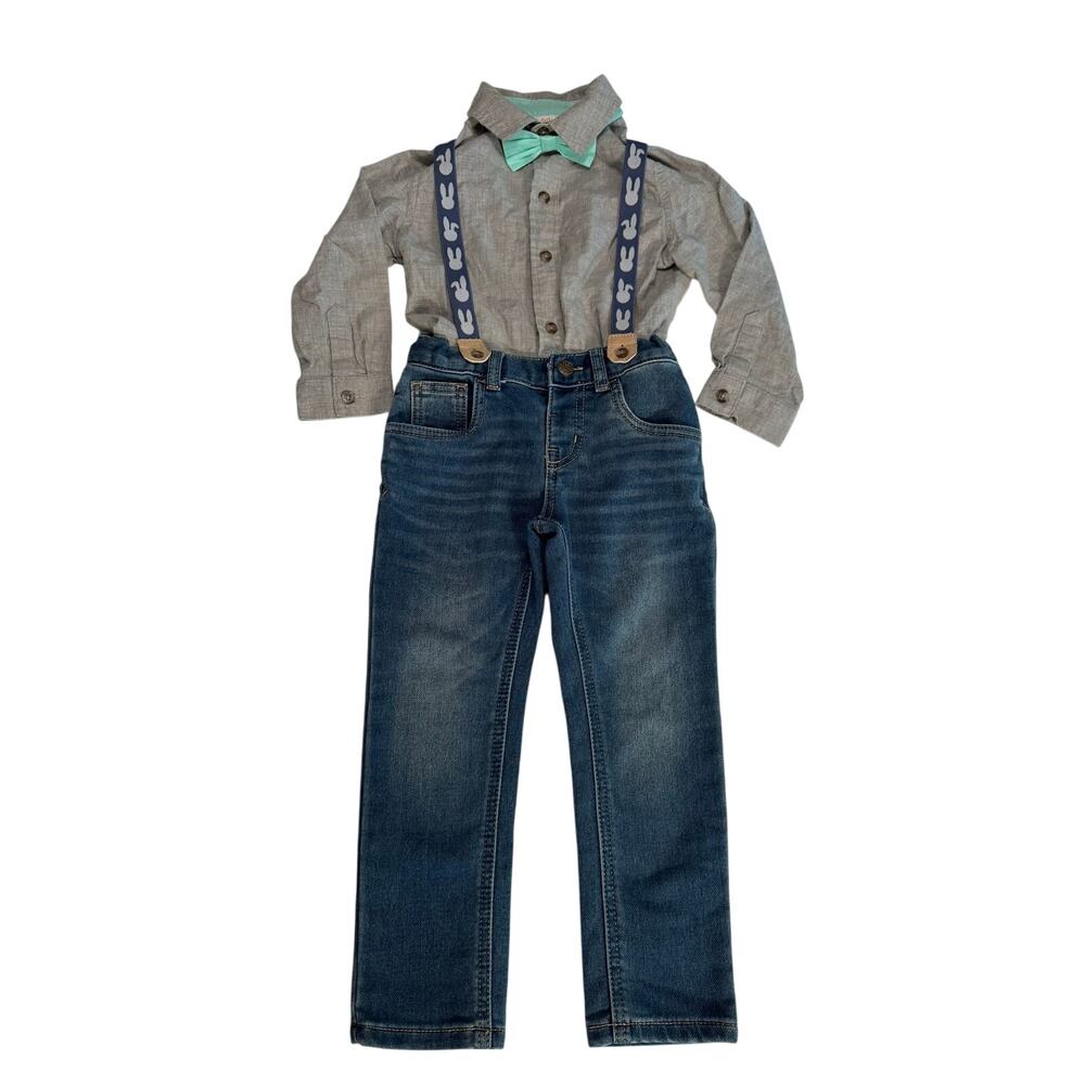 Easter Button Down & Jeans Set Bunny Suspenders Bow Tie